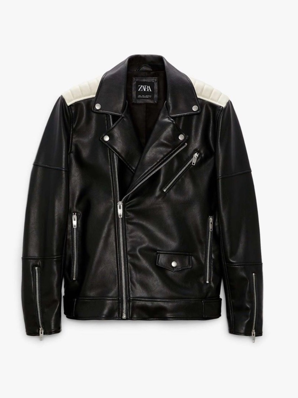 ZARA Black Leather Biker Jacket with White Shoulder Panels - UNISEX